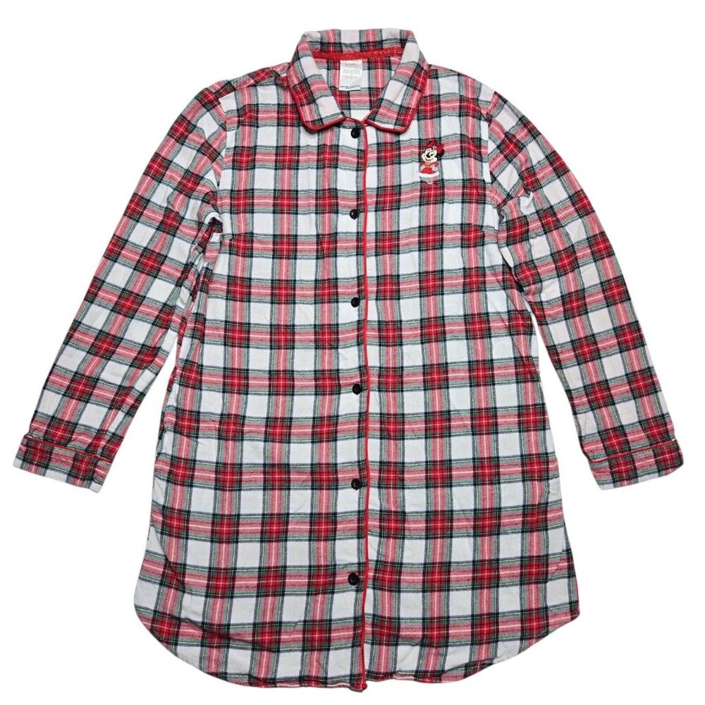 Disney Pajama Top Womens Medium Pink Button Up Minnie Mouse Plaid Long Sleeve - Picture 1 of 14